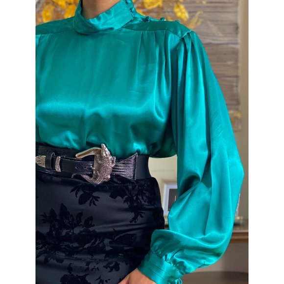 SOLD (VINTAGE) 80's Notations Green Satin Mock Neck Long Sleeve Blouse (12) - Picture 2 of 6